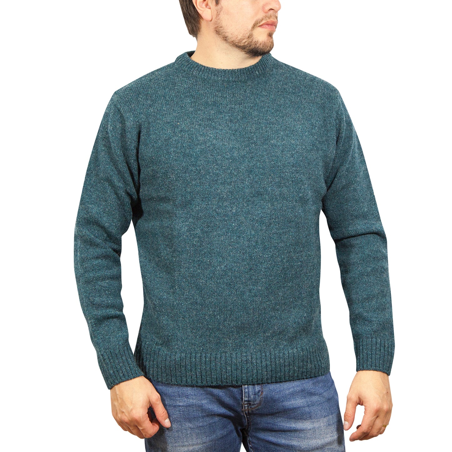 100% SHETLAND RAGG WOOL CREW Round Neck Knit JUMPER Pullover Mens Sweater Knitted - Sherwood - 5XL