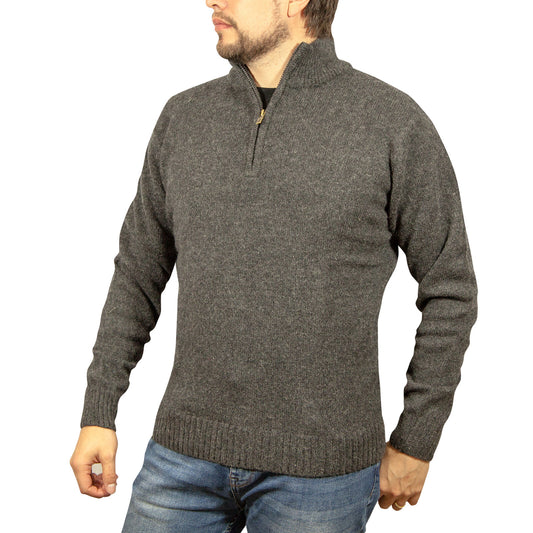 100% SHETLAND RAGG WOOL Half Zip Up Knit JUMPER Pullover Mens Sweater Knitted - Charcoal - 6XL
