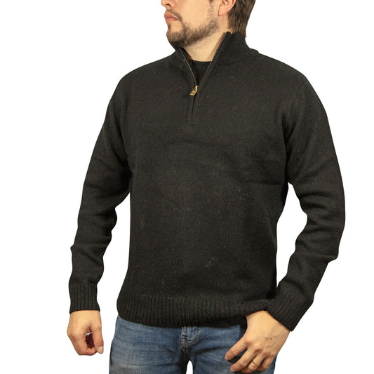 100% SHETLAND RAGG WOOL Half Zip Up Knit JUMPER Pullover Mens Sweater Knitted - Plain Black - 4XL