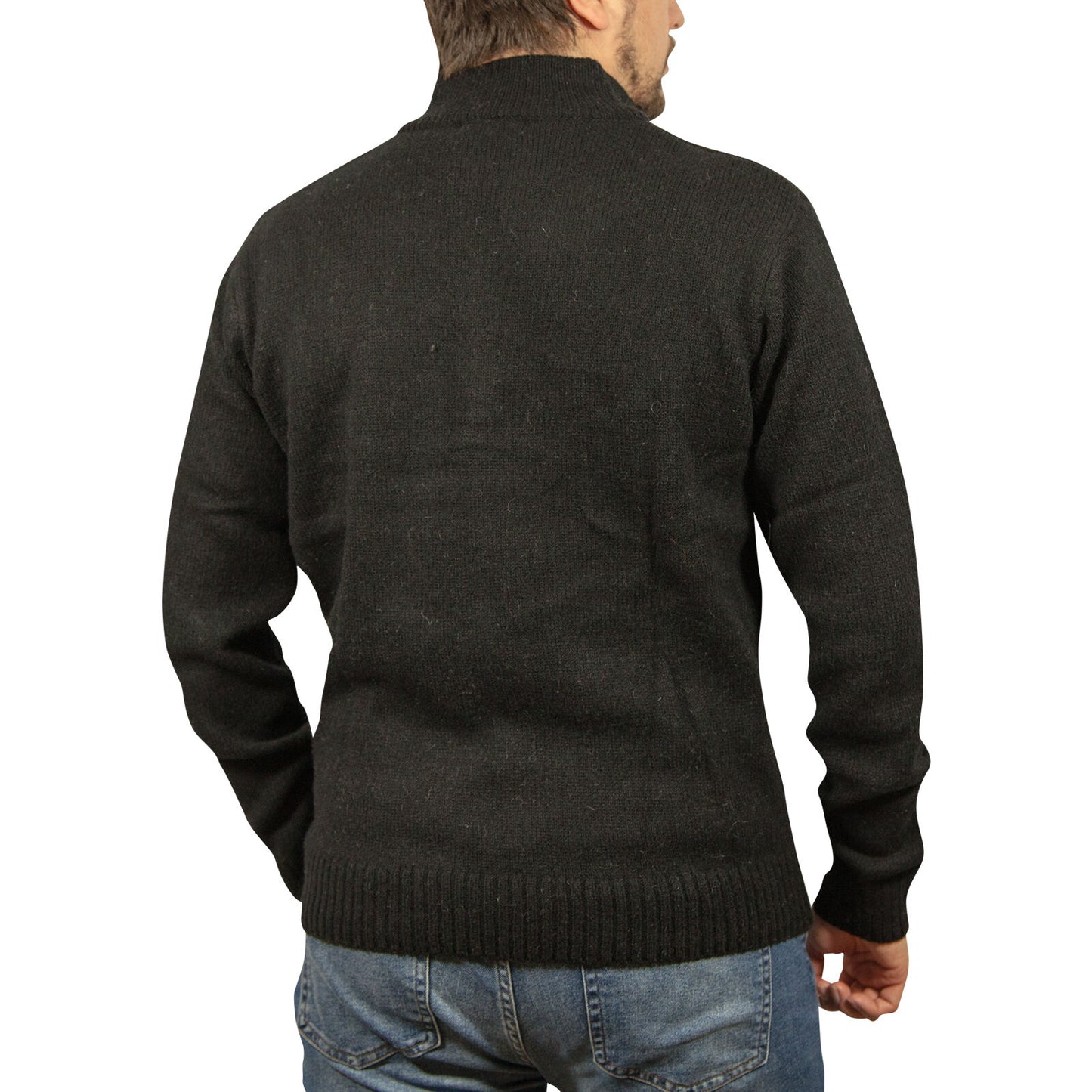 100% SHETLAND RAGG WOOL Half Zip Up Knit JUMPER Pullover Mens Sweater Knitted - Plain Black - 5XL