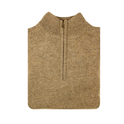 100% SHETLAND RAGG WOOL Half Zip Up Knit JUMPER Pullover Mens Sweater Knitted - Nutmeg - L