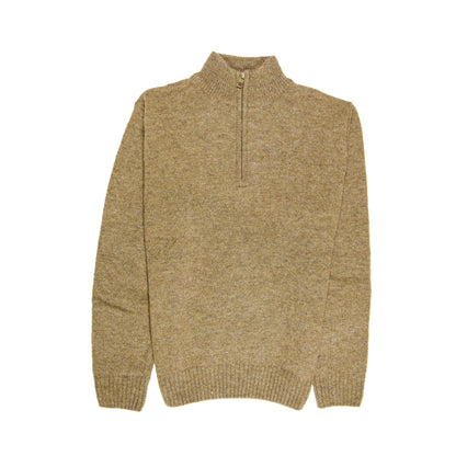 100% SHETLAND RAGG WOOL Half Zip Up Knit JUMPER Pullover Mens Sweater Knitted - Nutmeg - L