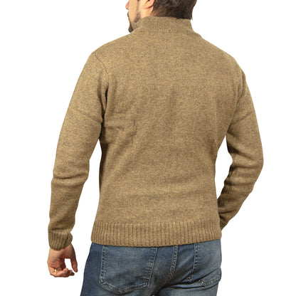 100% SHETLAND RAGG WOOL Half Zip Up Knit JUMPER Pullover Mens Sweater Knitted - Nutmeg - M