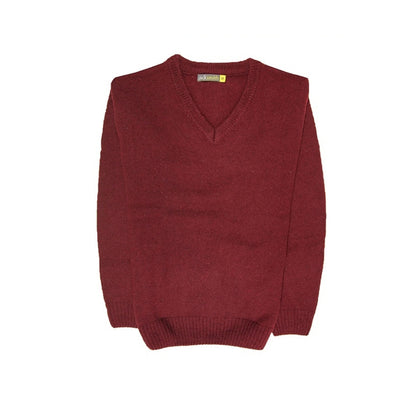 100% Shetland Ragg Wool V Neck Knit Jumper Pullover Mens Sweater Knitted - Burgundy - S