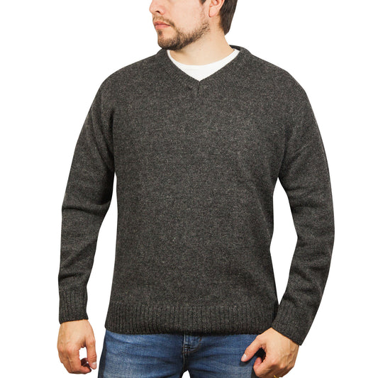 100% Shetland Ragg Wool V Neck Knit Jumper Pullover Mens Sweater Knitted - Charcoal - 5XL