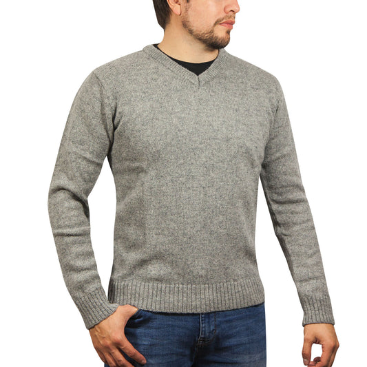 100% Shetland Ragg Wool V Neck Knit Jumper Pullover Mens Sweater Knitted - Grey - XL