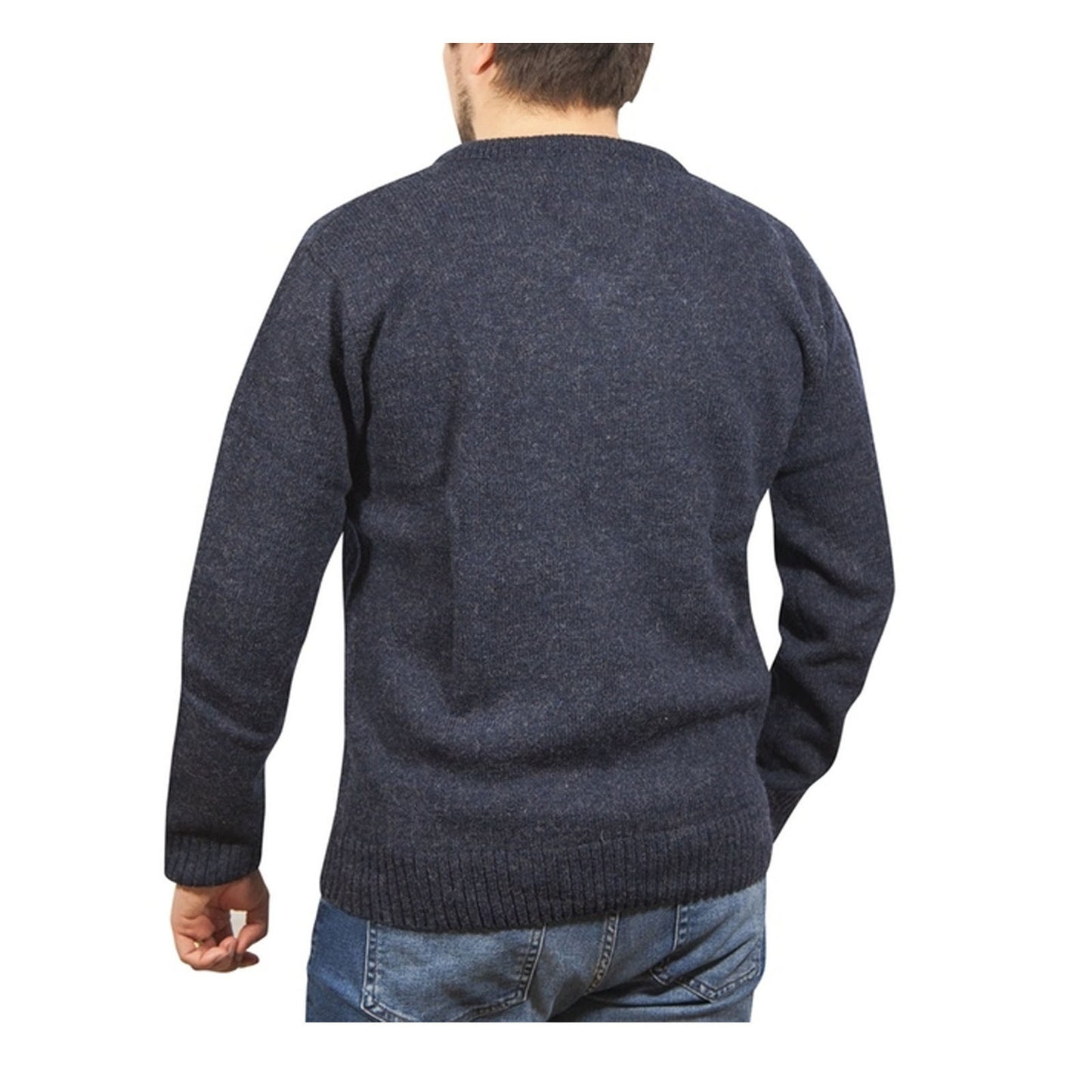 100% Shetland Ragg Wool V Neck Knit Jumper Pullover Mens Sweater Knitted - Navy - M