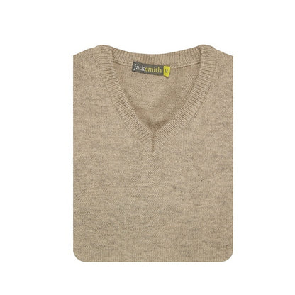 100% Shetland Ragg Wool V Neck Knit Jumper Pullover Mens Sweater Knitted - Oat Marle - L