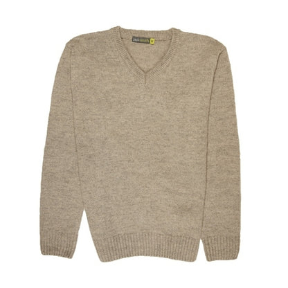100% Shetland Ragg Wool V Neck Knit Jumper Pullover Mens Sweater Knitted - Oat Marle - M