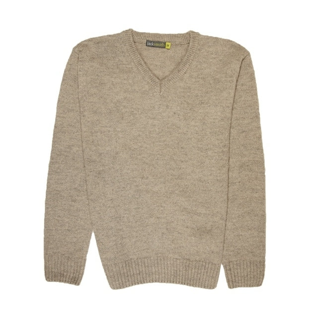 100% Shetland Ragg Wool V Neck Knit Jumper Pullover Mens Sweater Knitted - Oat Marle - S