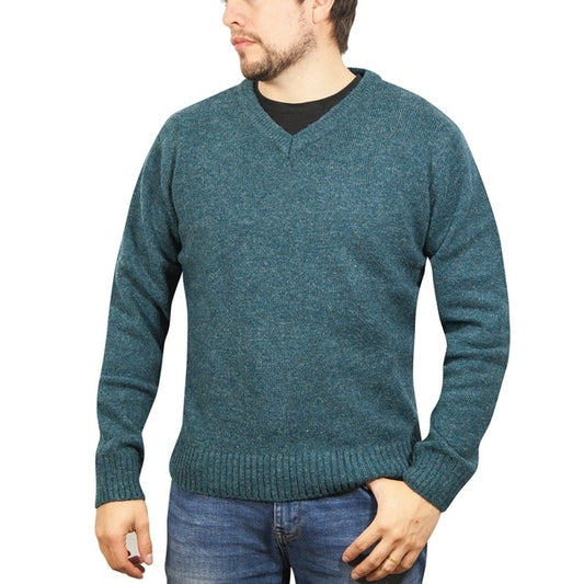 100% Shetland Ragg Wool V Neck Knit Jumper Pullover Mens Sweater Knitted - Sherwood - 6XL