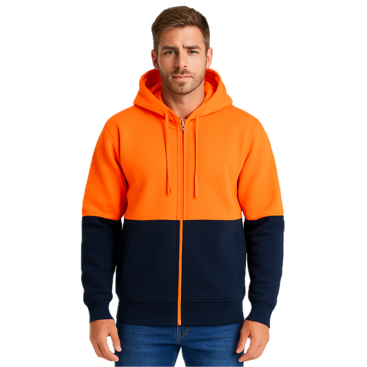 HI VIS Jumper Full Zip Hoodie Safety Workwear Fleecy Fleece Jacket Hooded in Orange/Navy - 3XL