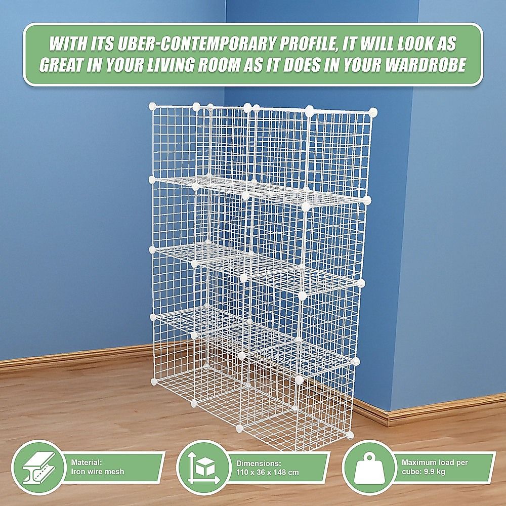 12 Cube Wire Grid Organiser Bookcase Storage Cabinet Wardrobe Closet White