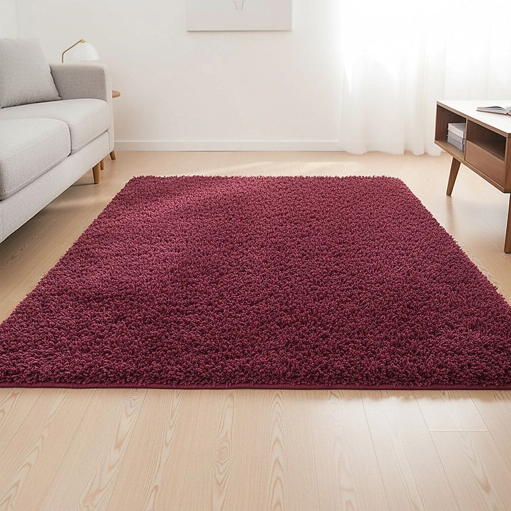 Large Shag Rug – Soft 230x200cm Burgundy Floor Rug with Anti-Slip Backing
