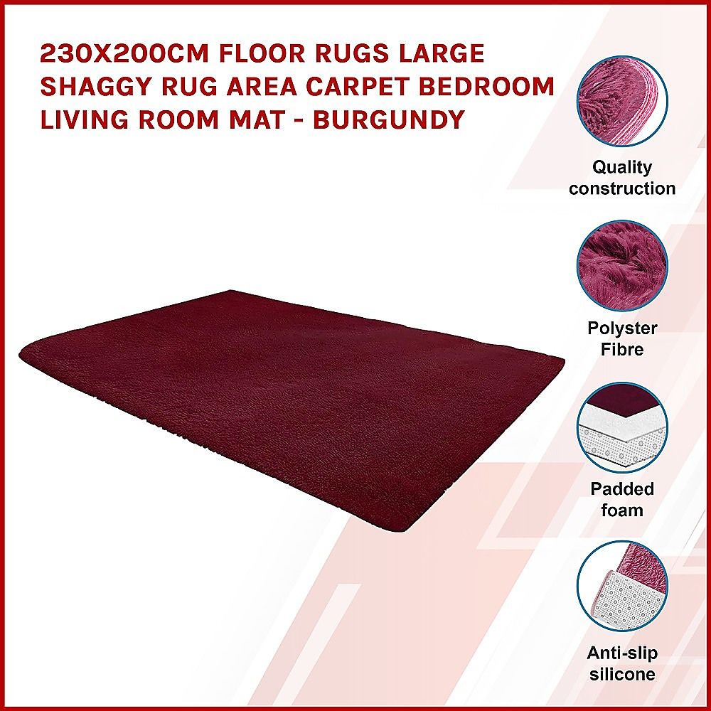 Large Shag Rug – Soft 230x200cm Burgundy Floor Rug with Anti-Slip Backing