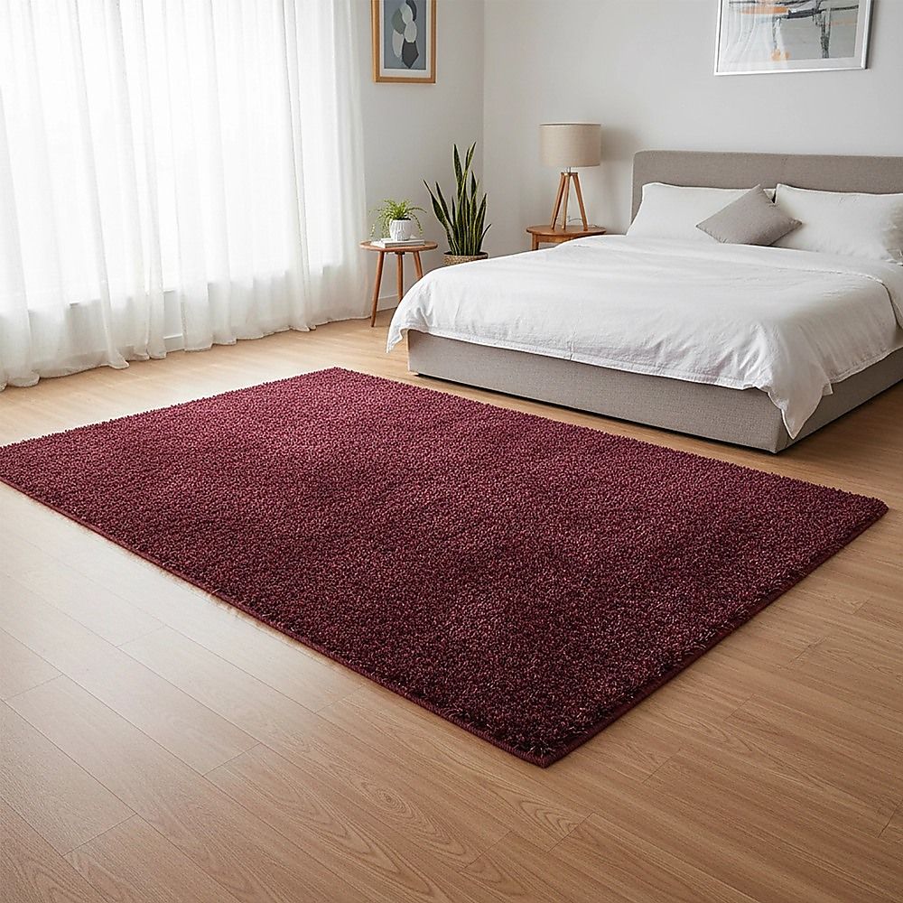 Large Shag Rug – Soft 230x160cm Burgundy Floor Rug with Anti-Slip Backing