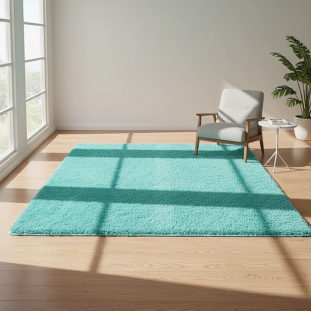 Large Shag Rug – Soft 230x200cm Turquoise Floor Rug with Anti-Slip Backing