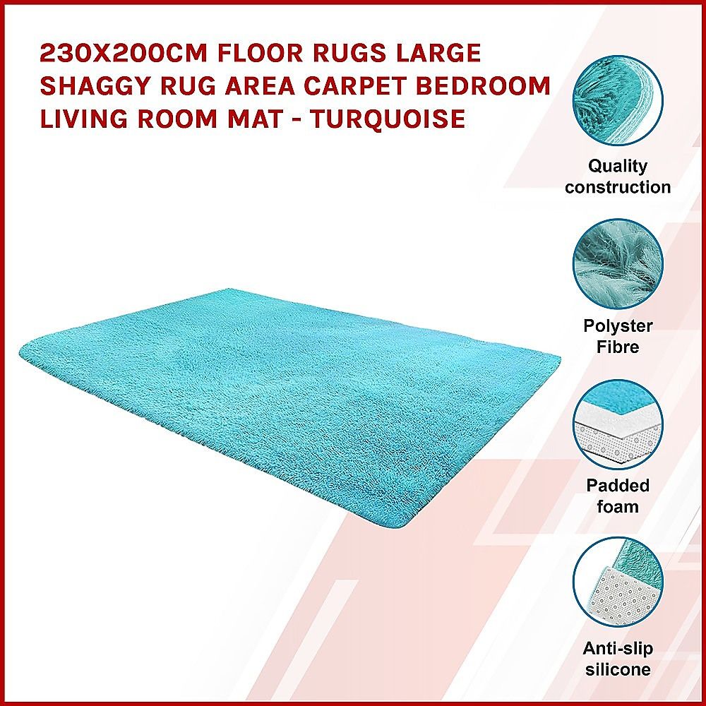 Large Shag Rug – Soft 230x200cm Turquoise Floor Rug with Anti-Slip Backing
