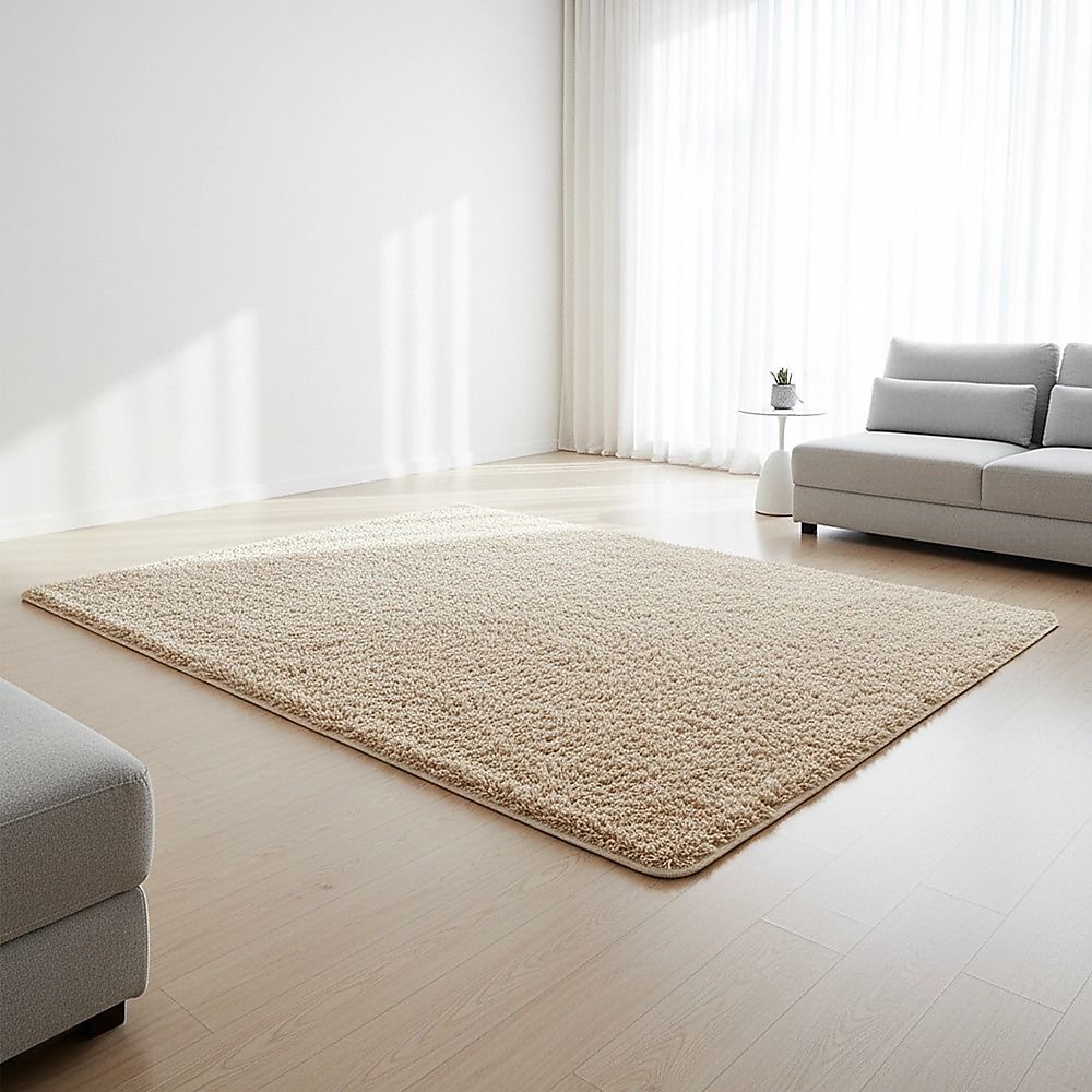 Large Shag Rug – Soft 200x140cm Beige Floor Rug with Anti-Slip Backing