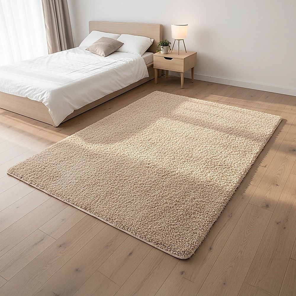 Large Shag Rug – Soft 200x140cm Beige Floor Rug with Anti-Slip Backing