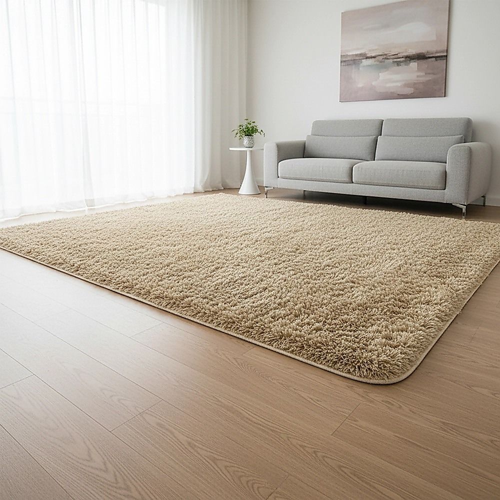 Large Shag Rug – Soft 230x200cm Beige Floor Rug with Anti-Slip Backing