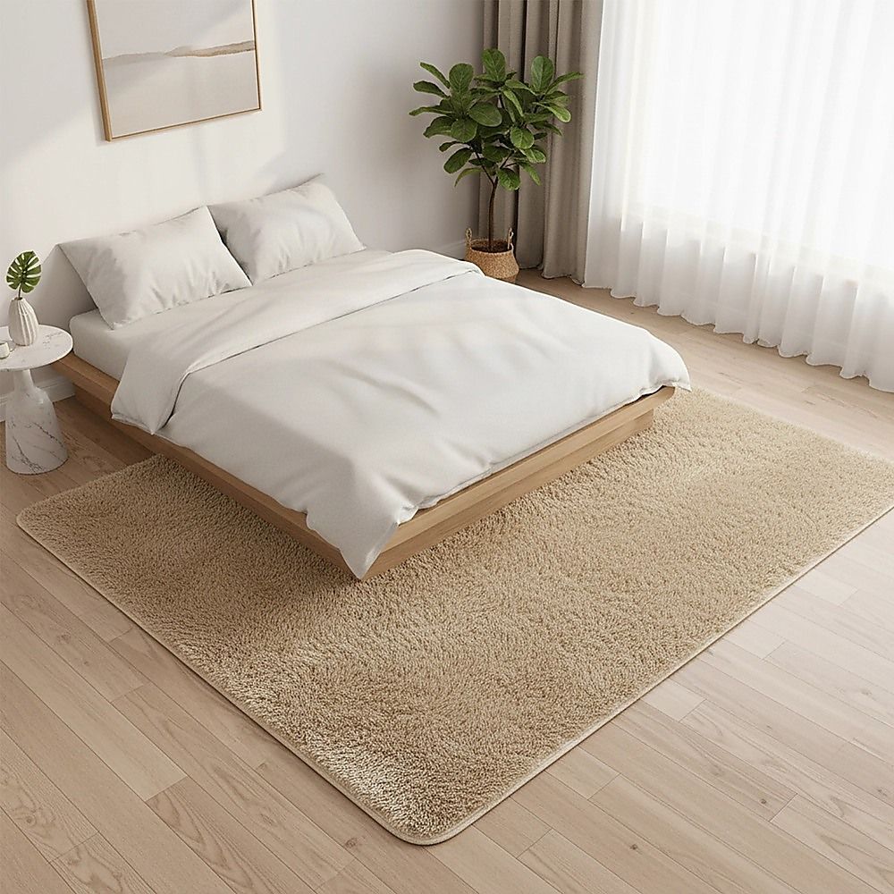Large Shag Rug – Soft 230x200cm Beige Floor Rug with Anti-Slip Backing