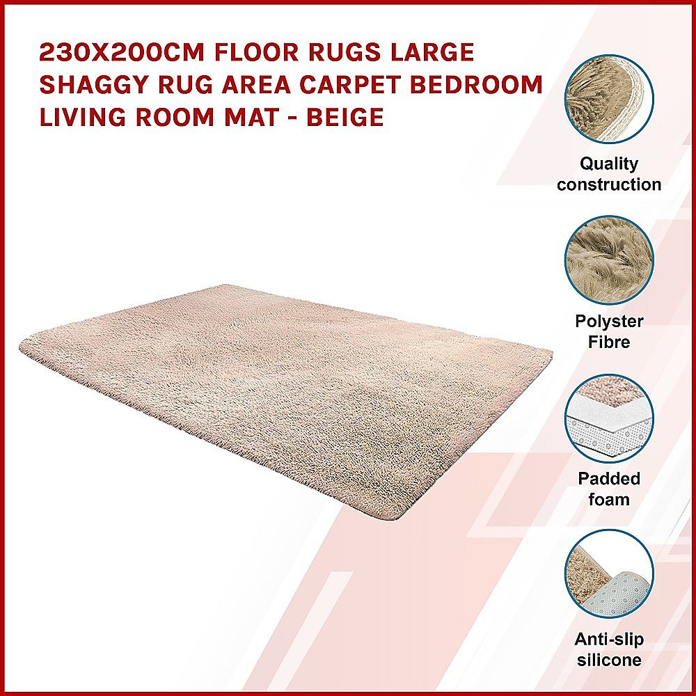 Large Shag Rug – Soft 230x200cm Beige Floor Rug with Anti-Slip Backing