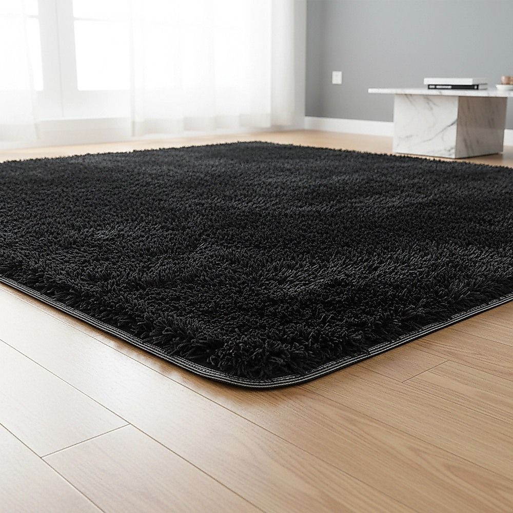 Large Shag Rug – Soft 200x140cm Black Floor Rug with Anti-Slip Backing