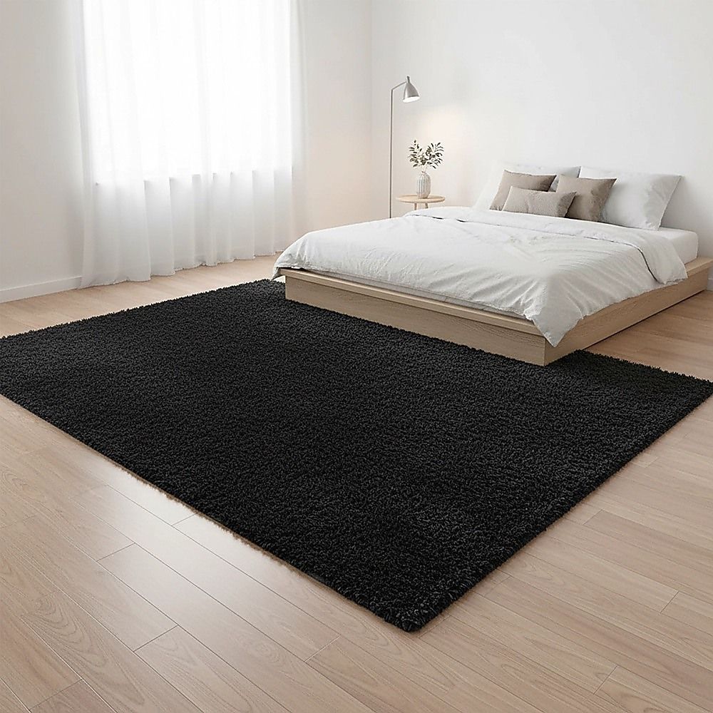 Large Shag Rug – Soft 200x140cm Black Floor Rug with Anti-Slip Backing
