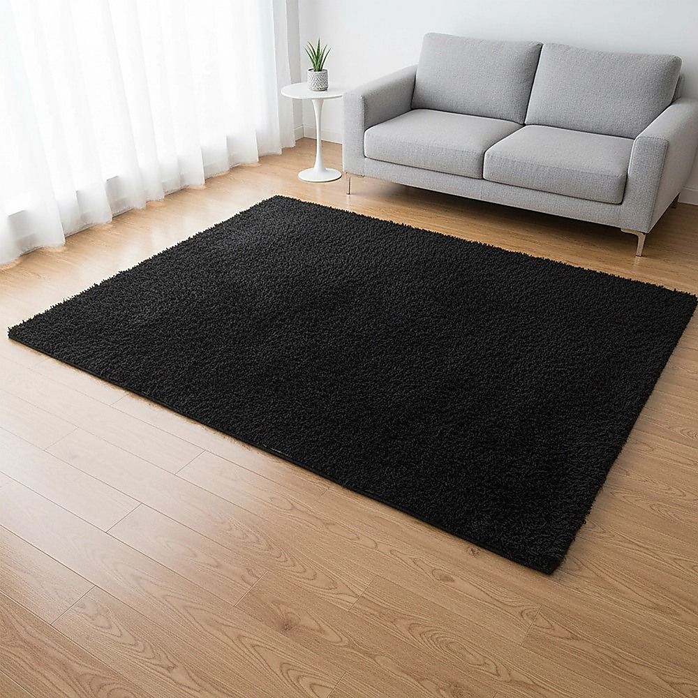 Large Shag Rug – Soft 200x140cm Black Floor Rug with Anti-Slip Backing