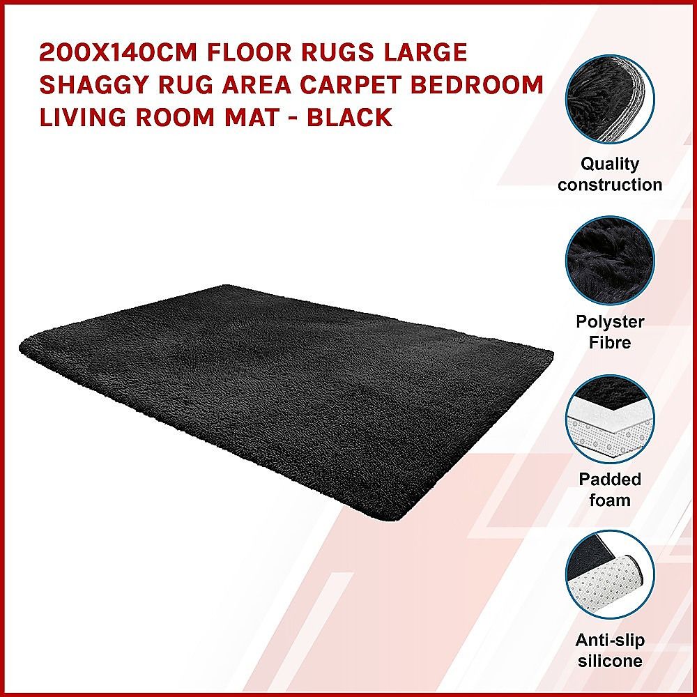 Large Shag Rug – Soft 200x140cm Black Floor Rug with Anti-Slip Backing