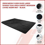 Large Shag Rug – Soft 200x140cm Black Floor Rug with Anti-Slip Backing