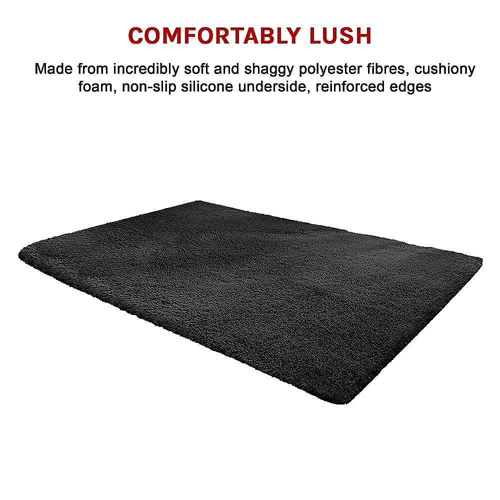 Large Shag Rug – Soft 200x140cm Black Floor Rug with Anti-Slip Backing