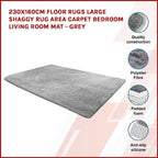 Large Shag Rug – Soft 230x160cm Grey Floor Rug with Anti-Slip Backing