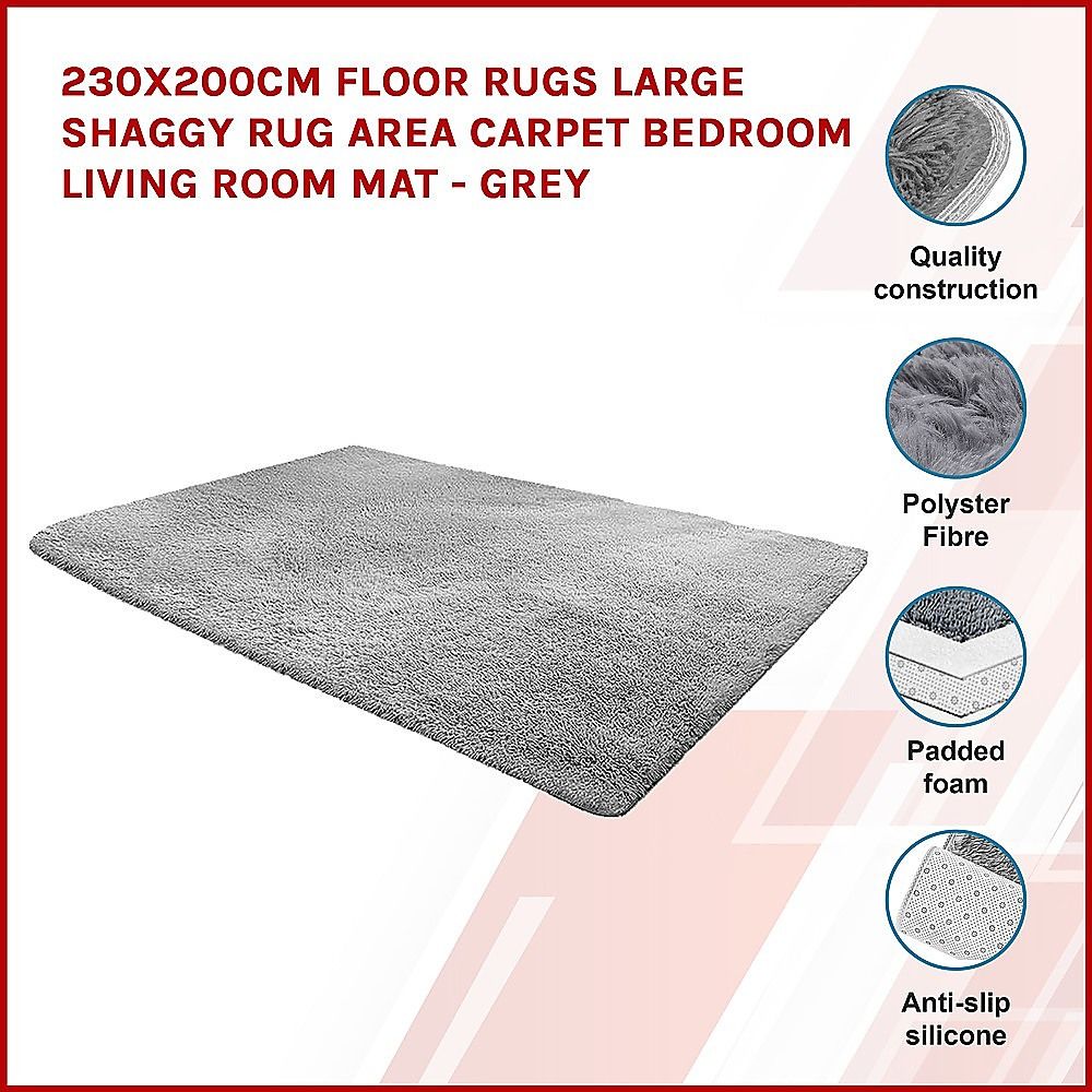 Large Shag Rug – Soft 230x200cm Grey Floor Rug with Anti-Slip Backing