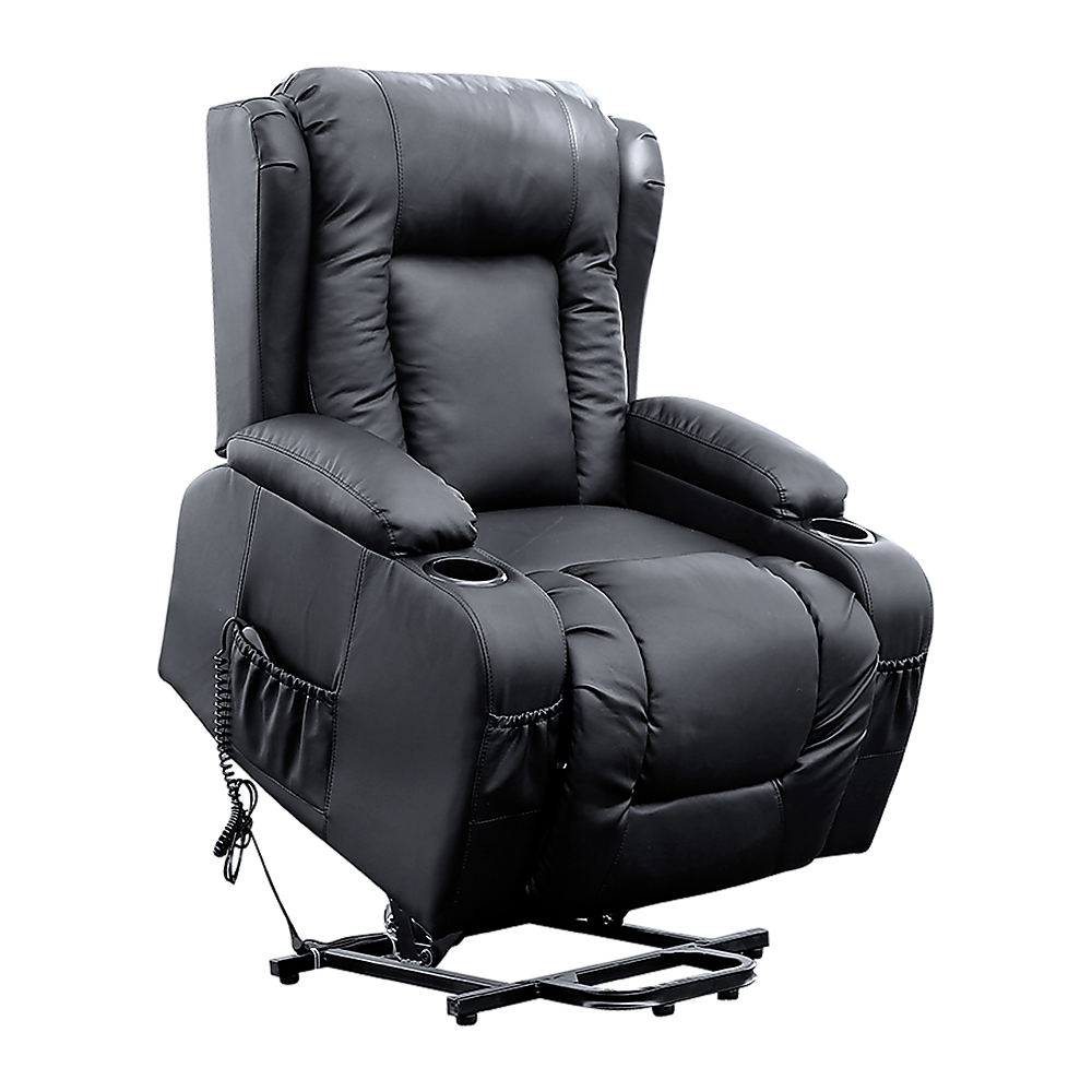 Recliner Chair – Electric Massage Lift Chair with Heat Function PU Leather Lounge Sofa Black