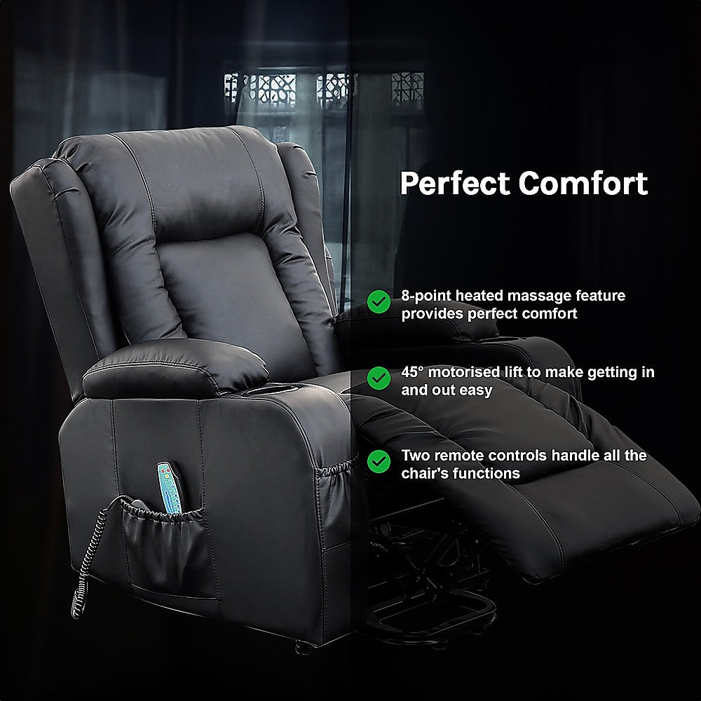 Recliner Chair – Electric Massage Lift Chair with Heat Function PU Leather Lounge Sofa Black