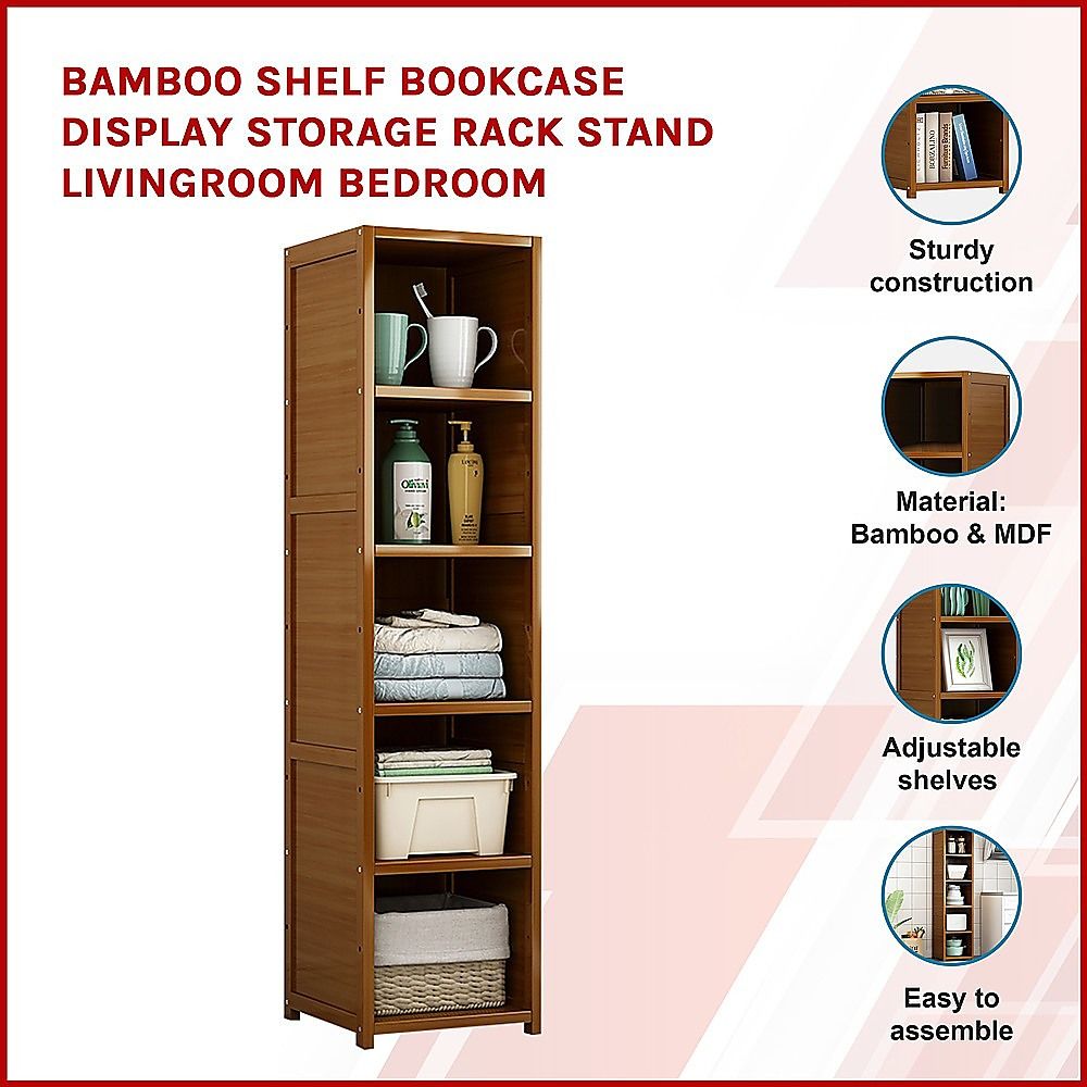 Bamboo 5-Shelf Bookcase – Tall Display Storage Rack Stand for Living Room, Bedroom, Office or Home Organisation