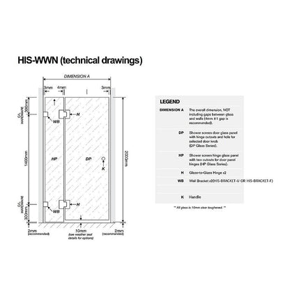 90x100cm Double Door Corner Shower Screen – Black U-Brackets, Brass Hinges & Round Knob Handle