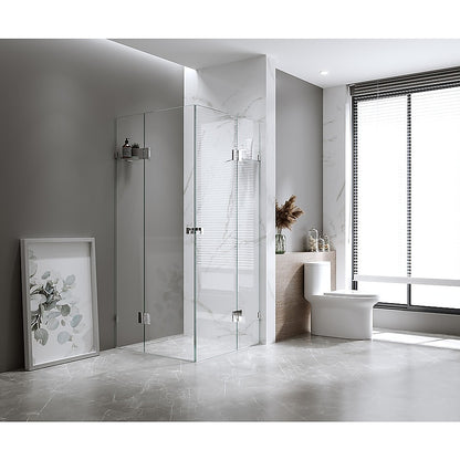 90x100cm Double Door Corner Shower Screen – Chrome U-Brackets, Brass Hinges & Square Double Pull Handle