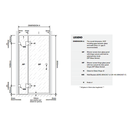 90x110cm Double Door Corner Shower Screen – Channels with Brass Hinges in Black, Round Handles