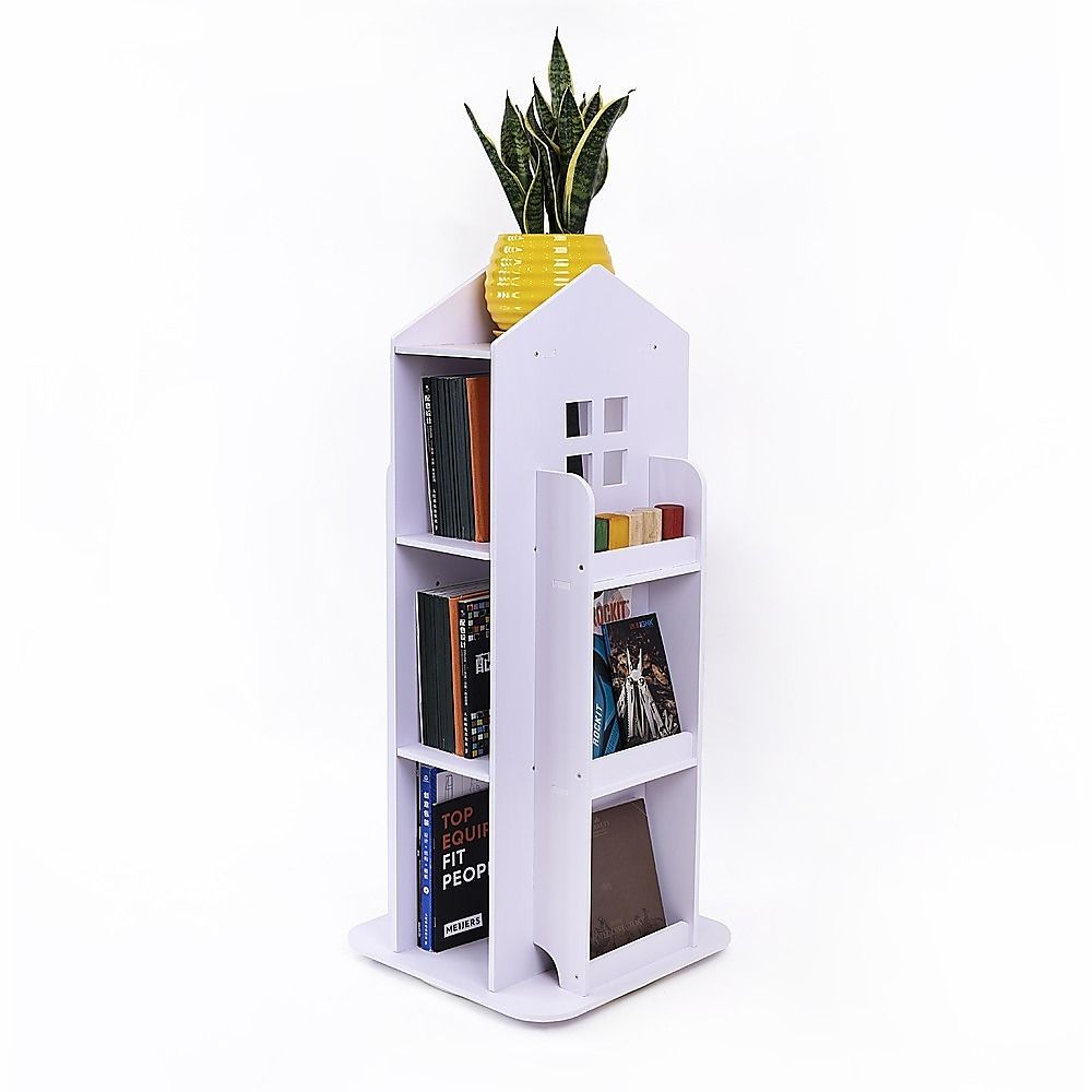 Rotating Bookcase Bookshelf Kid's Book Organiser Rack Wooden Castle Display Shelf