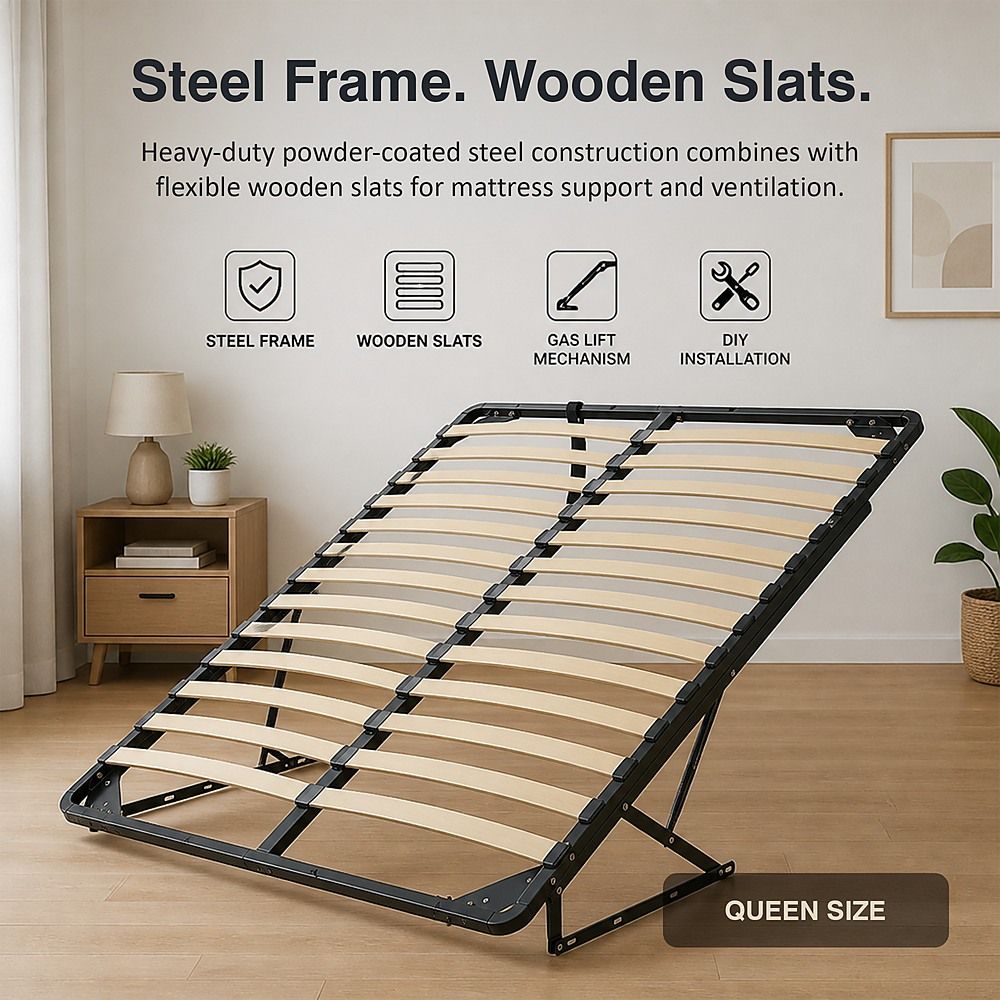 Gas Lift Bed Mechanism – Queen Bed Frame with Wooden Slats