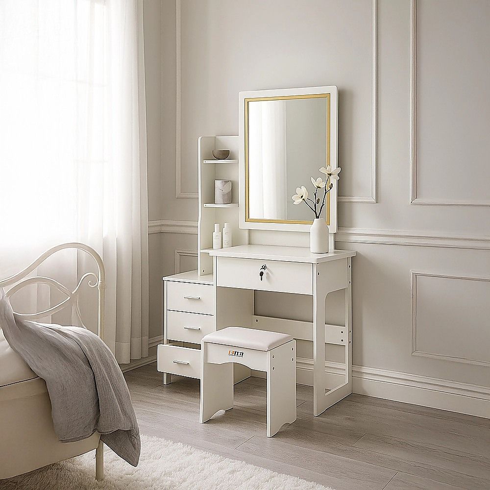 Dressing Table LED Makeup Mirror Stool Set Vanity Desk With Drawer Lighted