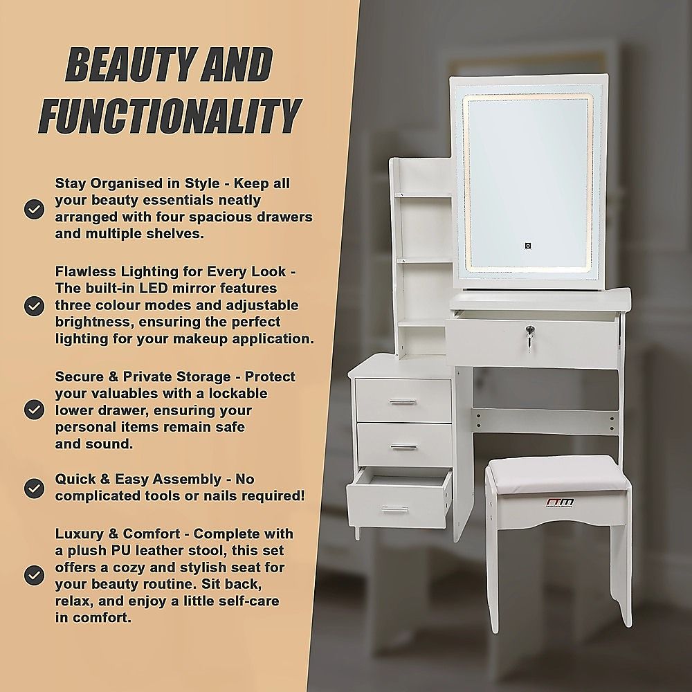 Dressing Table LED Makeup Mirror Stool Set Vanity Desk With Drawer Lighted