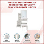 Dressing Table LED Makeup Mirror Stool Set Vanity Desk With Drawer Lighted