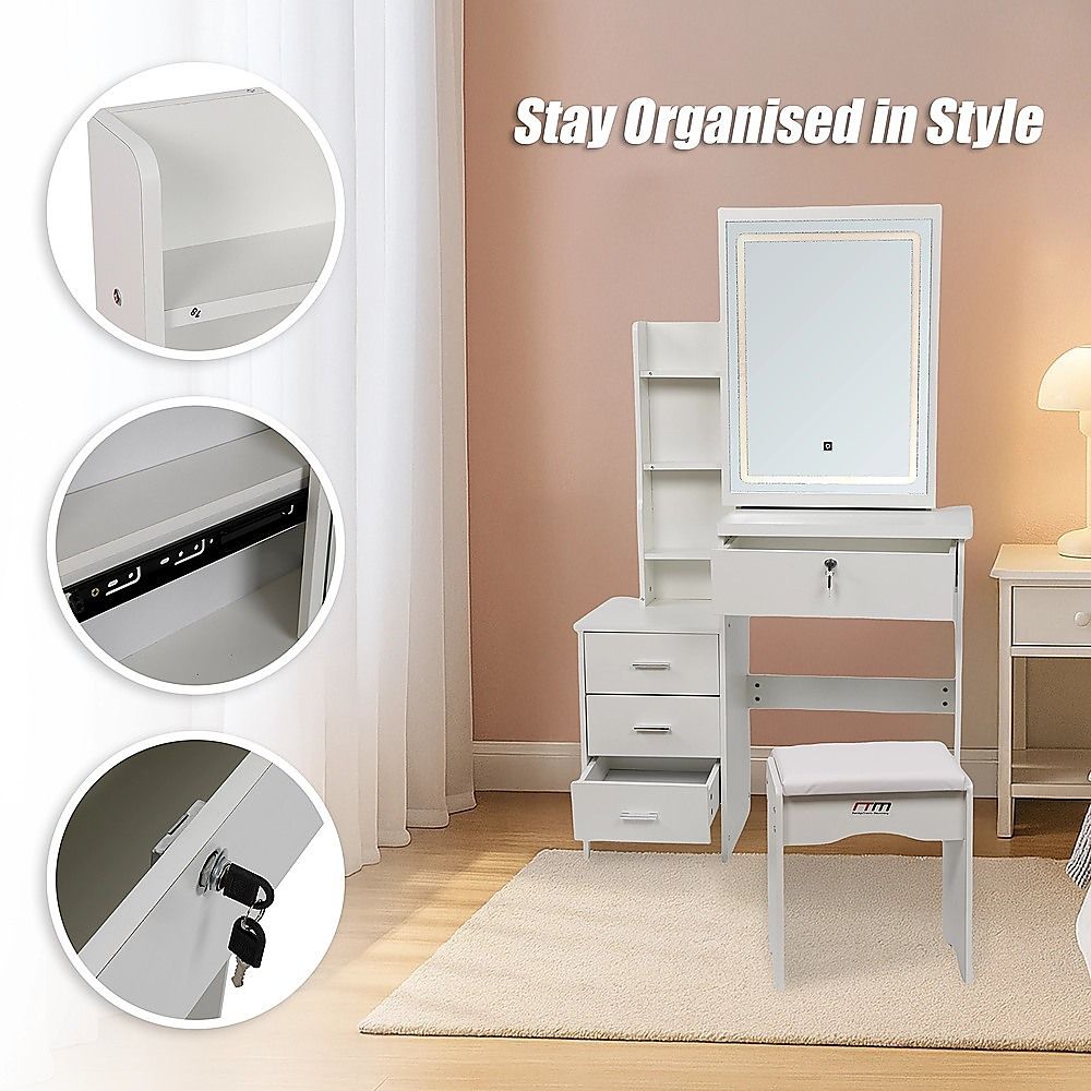 Dressing Table LED Makeup Mirror Stool Set Vanity Desk With Drawer Lighted