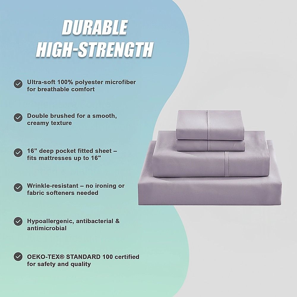 Double Bed Sheet Set – 1800 Series Microfiber, Deep Pocket, Soft & Breathable, Grey