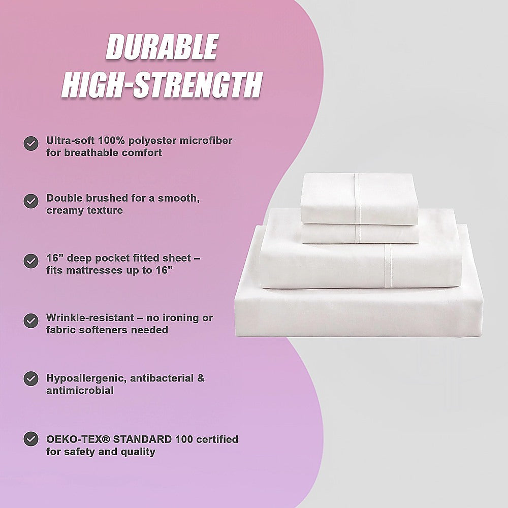 Queen Bed Sheet Set – 1800 Series Microfiber, Deep Pocket, Soft & Breathable, White