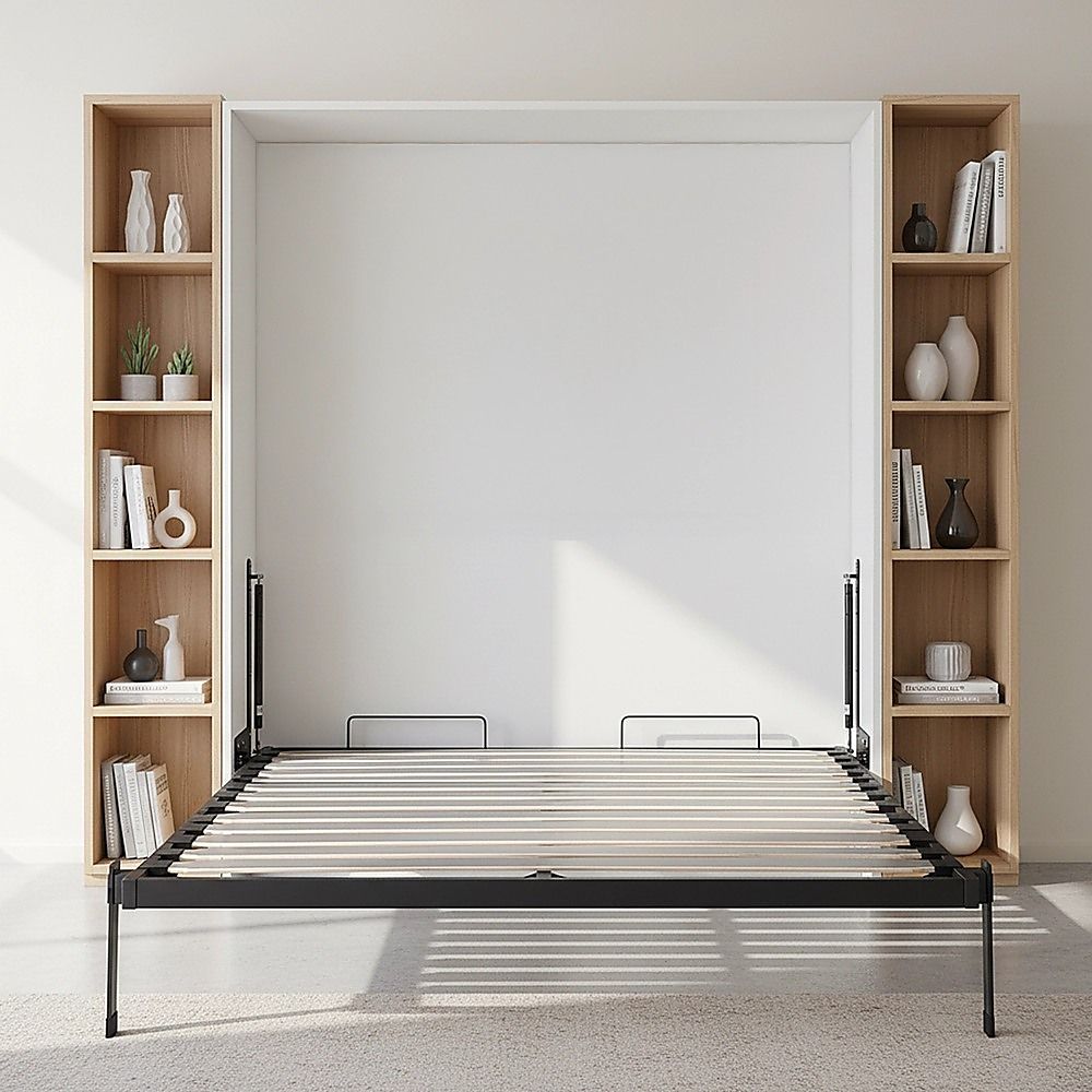 Double Wall Bed in White – Space Saving Murphy Bed Kit with Black Door Handle